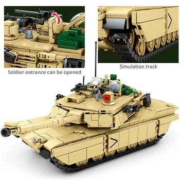 1052PCS Mesto Tehničnih WW2 M1A2 Tank Abrams Model gradniki Vojaški Avto, Vojska, Orožje Številke Opeke Igrače Za Otroke