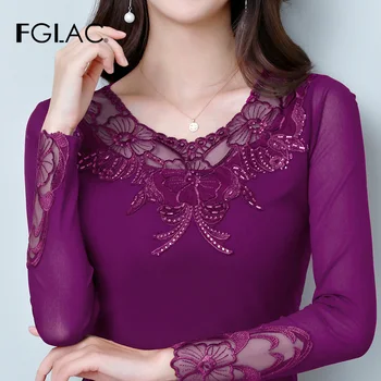FGLAC bluzo ženske modni dolg rokav Elegantna Tanka, votla iz očesa vrhovi Seksi žensk bluzo plus velikost ženske vrhovi in bluze
