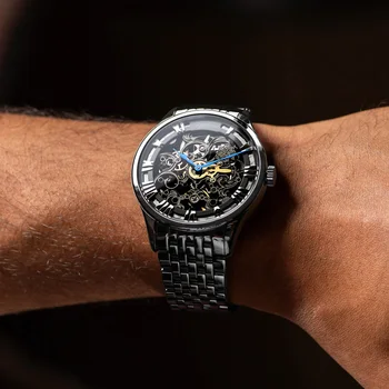 AGELOCER Švicarsko Oblikovanje Votlega Graviranje Črna Jekla Rezerve Moči 80H Okostje Mehanske Ure Moških Luksuzne blagovne Znamke Heren Horloge