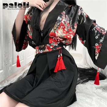 Seksi Črna Natisnjeni Erotično Spodnje Perilo, Japonske Jopico Kimono Vlogo Igrajo Kostume Split Štiri-Kos Obleko Sleepwear 2021 Nova