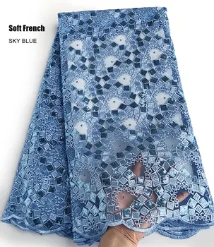 Royal modra Multicolors Geometrijske teksturirane Afriške francoski čipke til tkanine z bleščicami Nigerijski sodobne priložnostne obrabe 5 metrov