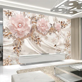 Po meri vseh Velikosti Zidana Ozadje Evropski Stil Luksuzni Swan Nakit Roza Cvetovi Stene Papirja Dnevna Soba, Samolepilne, 3D Nalepke
