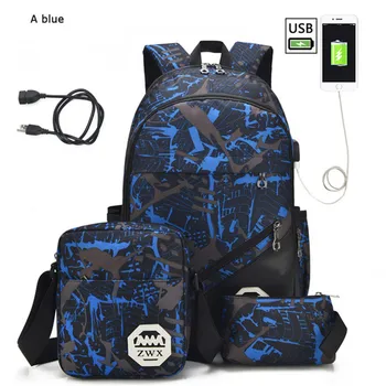 3pcs/nastavite USB Moški nahrbtniki visoka šola torbe za ženske do leta 2020 fantje rami velik študentska potovalna torba moških šolski nahrbtnik mochila