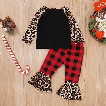 Baby Božič Oblačila, ki Sodijo Pomlad Dolg Rokav T-shirt + Sežgati Kariran Hlače Leopard Tiskanja Šivanje Elastike Počitnice Oblačila