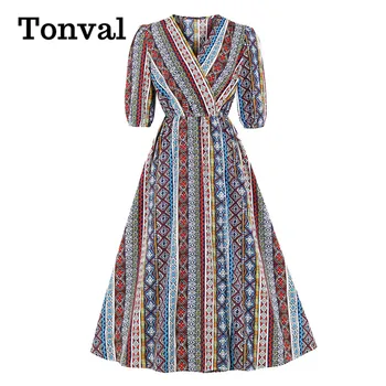 Tonval Multicolor Tiskanja Vintage Stilu, Elegantne Ženske Dolga Obleka V Vratu Visoko Pasu, 3 In 4 Dolžine Rokavi Priložnostne Obleko Pomladi, Jeseni
