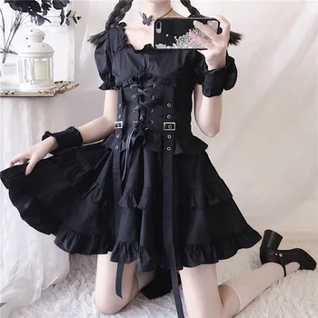 Viktorijanski Renaissance Black Gothic Lolita Obleko Japonski Dekle Letnik Punk Stil Puff Rokav Povoj Mini Obleka Ženske Obleke