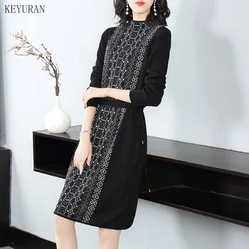Pletena Obleka Ženske 2020 Jacquardske Korejski Elegantna Turtleneck Talarji Nastavljiv Pasu Dolg Rokav Priložnostne Elegantno Obleko Robe