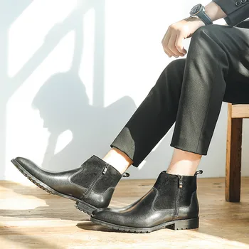Italijanski Čevlji Moški Pozimi chelsea Škornji Pravega usnja Mens Antilop Platformo Brogue Priložnostne Gleženj Ravno Čevlji Zadrgo obleko bota