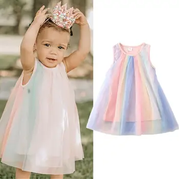 1-6Y Malčka Otroci Baby Dekle, Princesa Obleke Sleevless Mavrica Til Obleko Poletje Baby Dekle Tank Sundress Čipke A-Linija za Dekle