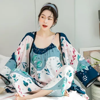 Tiskani Cvet 2PCS Haljo bo Ustrezala Seksi Dame' Sleepwear Kimono kopalni plašč Obleke Bombaž Svoboden 3PCS Intimno Perilo Poletje Nightgown