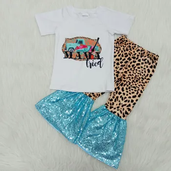 Kratka sleeved sežgati hlače otrok dekle bela vrh tovornjak cvetje leopard hlače modre bleščica materiala yll