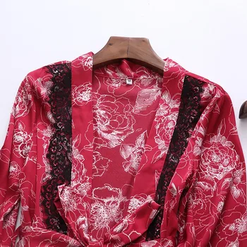 Ženske Haljo Nastavite Kimono Obleke Pomlad Poletje 4PCS Sleepwear Seksi Črne Čipke Trim Nightgown Tiskanja Cvet More Priložnostne Nositi Domov