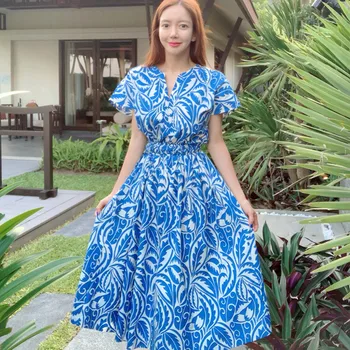 2020 Poletje Modra Cvjetnim Tiskanja Obleke korejski vzletno-pristajalne Steze Midi Obleko Elegantno Ženske A-line Swing Party Vestidos
