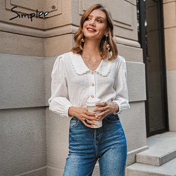 Simplee Elegantne bele jeseni, pozimi ženske bluzo Vintage doll ovratnik, dolgi rokavi ženska majica Nov modni žep bluzo 2020
