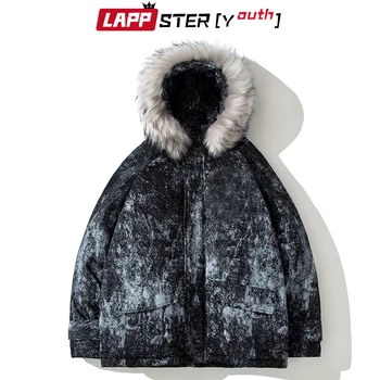 LAPPSTER-Mladi Moški Tie Dye Ulične Krzno Hooded Parka do leta 2020 Mens Japonski Hooded Zimske Jakne In Plašči Oversize PufferJacket