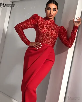 Dolg Rokav Rdeča Morska Deklica Večerne Obleke Dolgo 2020 Visoko Vratu Iskrico Saten Elegantne Večerne Obleke Arabski Ženske Formalno Obleko