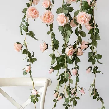 2.4 m Poroko in Doma Stranka Umetno Rose Trta, Vrtnice Cvetovi Garland Ponaredek Svile Cvetlični Šopek Garden Visi z Zelenimi Listi