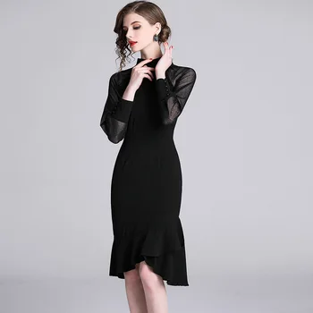 Koreja Modi Dolgi Rokav Fishtail Ženske Obleke Ropa Mujer Verano 2021 Pomlad Black Midi Stranka Obleko Haljo Femme K5255