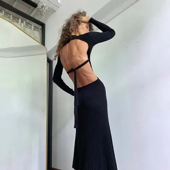 2020 Jeseni Belušno Backless Obleka Ženske Sexy Klub Bodycon Obleko Women Slim Fit Moda Dolgimi Rokavi, Dolga Obleka Ženske