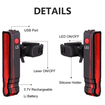 USB Polnilne Zadnje Luči Kolo Laser Line Varnost Opozorilo Luč MTB Cesti Vgrajeno Baterijo Kolo Nazaj Lučka za Kolesarjenje