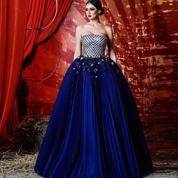 Vintage Royal Modre Zvezde, Kristalno Naguban Prom Obleke 2021 Beaded A-line Maturantski Halje Off Ramo Vestido Long De Praznik