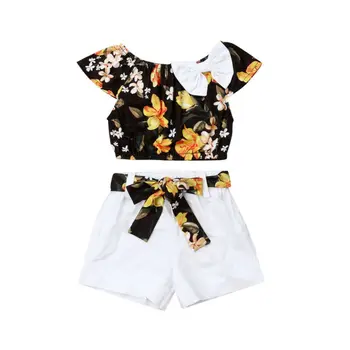 2019 Poletje Moda Otroci Baby Dekleta Obleke Cvetlični T-Shirt+Lok Hlače 2Pcs Otrok Dekle Crop Tops Bele Hlače, Bombaž Obleke 1-6Y