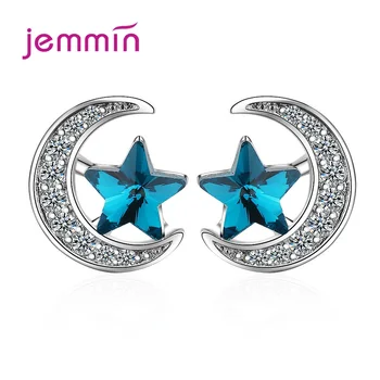 Dekle Stud Uhani Fantastični Visoki Razred 925 Sterling Srebrna Luna Star Modra Kristal Iglo Pin Elegantna, Preboji Nakit Pendientes