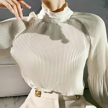 Novo 2021 pomlad moda Naguban bluzo Ženske Majice Urad Dama Šifon Bluzo Stojalo Ovratnik Puff Sleeve Solid Ženski zgornji deli oblačil 12725