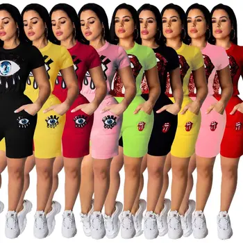 Pletene Elastične Ženske Dvodelni Set 2 Kos Set Oči, Ustnice Sequined T Shirt&Hlače Ženske Dva Kosa Roza Obleke, Ženske Obleke 2019