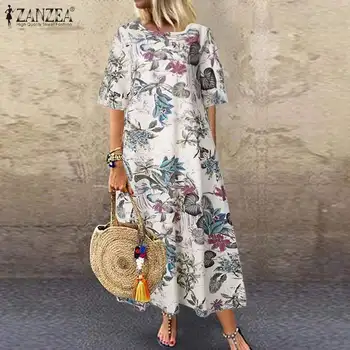 Vintage Natisnjeni Maxi Obleka Ženske Poletje Sundress 2021 ZANZEA Priložnostne Cvetlični Tunika Vestidos O Ženski Vratu Haljo Plus Velikost 5XL