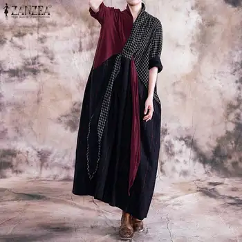 Plus Velikost Pomlad Jesen Sundress Ženske Priložnostne Long Sleeve Vintage Preverite Mozaik Stranka Dolgo Obleko Vestidos Ženska Tunika Haljo 7