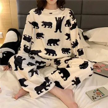 Nove Zimske Flanela toplo pižamo korejski kawaii risanka Pajama določi Modni pijama mujer Prosti čas Doma Krpo pižame ženske Sleepwear