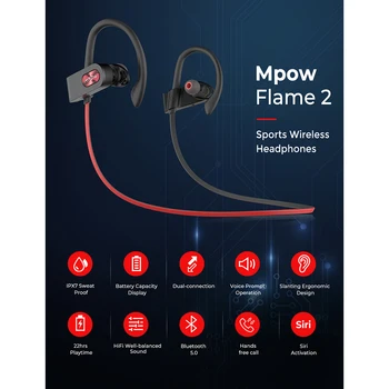 Mpow Plamen 2 ipx7 Nepremočljiva Bluetooth 5.0 Športne Slušalke 13hours Čas Predvajanja HD Stereo Zvok Za iPhone, Samsung Huawei Xiaomi