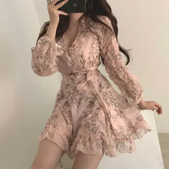 Poletje Srčkan Elegantno korejski Obleke, Ženske Flhjlwoc Koreji, japonski Slog Oblikovanja Cvjetnim Natisne Črno Šifon Cvetlični Obleko Roza 5308