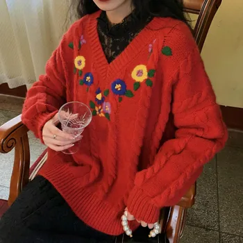 2020 Jeseni, Pozimi Vezenje Cvet Pulover Ženske Srčkan Japonski Slog V Vratu Modni Ženski Pulover Z Dolgimi Rokavi Rdeče Plesti Vrhovi