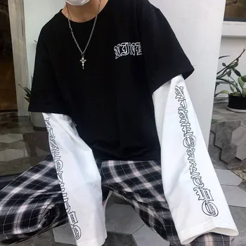 Kul Japonska Harajuku Black Hip Hop T-majice Moške Ženske Spomladi Nekaj Dolg Rokav Svoboden T Shirt Priložnostne Pismo Tiskanja Tshirts Dekleta