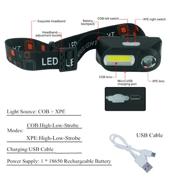 LED Žaromet COB + XPE Noč zapored Glavo Svetilka 5W USB Smerniki Baklo za Ribolov, Kampiranje, Pohodništvo Uporabo 18650 Polnilna Baterija