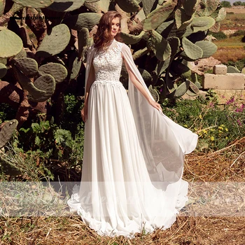 Preprost Plaži Boho Poročne Obleke z Cape Odpri Nazaj Čipke Poroko Šifon Obleke Line Poročne Halje vestido de novia 2021