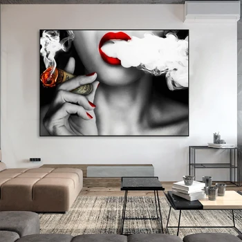 Seksi Dekle Je Kajenje Cigar, Plakatov In Fotografij Rdeče Ustnice Wall Art Platno Natisne Sodobne Pop Art Slik Za Dom Dekoracijo Sten