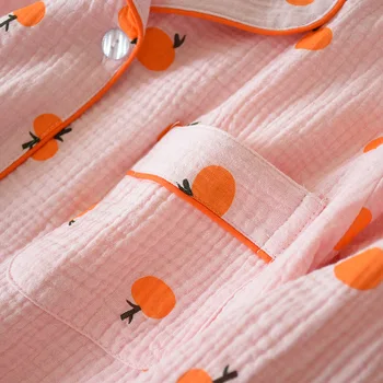 2020 Nove Pižame Ženske Oranžna Tiskanja Risanka Pižamo Bombažne Krep Ženski Luštna Noč Obleko Z Dolgimi Rokavi Sleepwear Velika Velikost