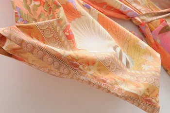 2020 Bohemia Oranžna morska deklica Cvet Žerjav Tiskanja Dolgo Kimono Rokavi Etnične Vezna gor Sashes Dolge Počitnice Jopico Svoboden Bluzo Vrhovi