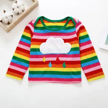 Baby Girl Obleke Jeseni Mavrica Prugasta T-shirt Otroci Otrok Dolg Rokav Moda Mehko Bombažno Bluzo Vrhovi