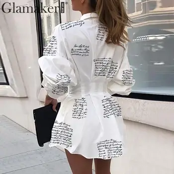 Glamaker Pismo tiskanja seksi mini kratkimi rokavi obleka Ženske bele dolg rokav stranka klub, obleko poletje elegantno bodycon obleko 2020