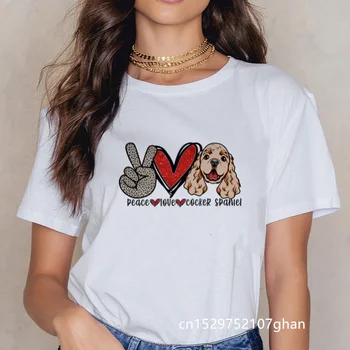 Ženske Mir pes ljubezen natisni T-shirt Harajuku Smešno Kratek Rokav Tees priložnostne korejskem Slogu Vrhovi ženska Majica s kratkimi rokavi Padec ladijskega prometa