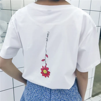 LUNDUNSHIJIA 2019 Poletje Moda Elegantne majice Za Ženske Nazaj Cvjetnim Natisne Ženska T-majica Bel Bombaž Tee Vrhovi