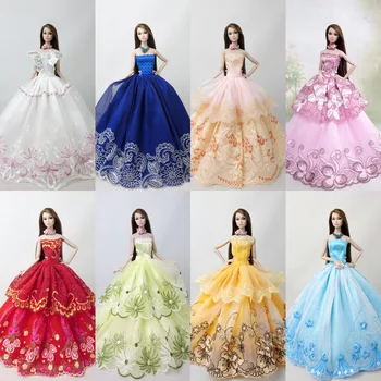 Besegad 8PCS Mini Lutka Dolgo Saten Čipke Poročne Obleke Princess Večerno obleko Obleko Obleke, Oblačila, Pribor za Barbie Igrača