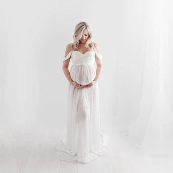 Slip Trak Porodniškega Šifon Dolge Obleke, Ki Režejo Odpri Prednji Porodniškega Dolge Obleke Za Fotografiranje Nosečnosti Šifon Obleko Maxi