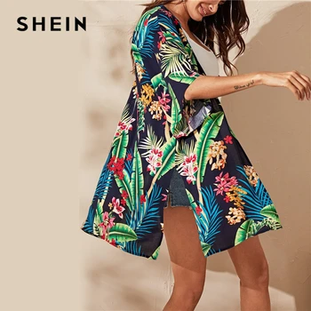SHEIN Multicolor Tropskih Tiskanja Batwing Rokav Split Strani Kimono Ženske Pol Rokav Vrh Poletje Ženske Boho Dolgo Kimonos