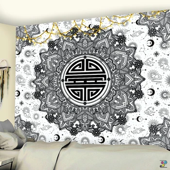 Indija Mandala TapestryTarot Blackand Belo Nebo, Sonce, Luna Joga Odejo Dormitorij Spalnica Astrologija Čarovnice PatternTapestry 2021