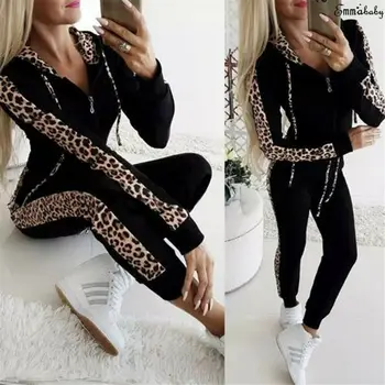 2 kos Ženske Leopard Print Majica Long Sleeve Hooded Zadrgo Vrh Hoodies Majica+Hlače za Šport, Prosti čas Športna Trenirke